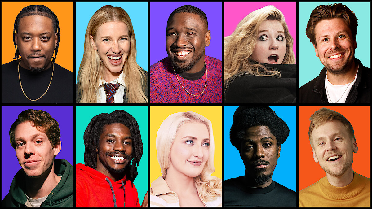 Ten people, each in their own square, pose for headshots with varied expressions and colorful casual clothing, arranged in a colorful grid pattern.